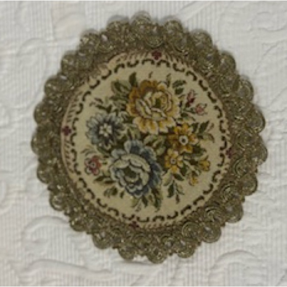 2-Antique Victorian Metallic Doilies ~ Gold Tone Netting Trim Floral Tapestry - Picture 3 of 8